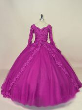  Lace and Appliques Quinceanera Dresses Fuchsia Lace Up Long Sleeves Floor Length