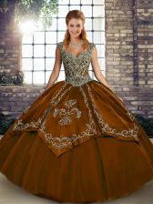  Brown Straps Neckline Beading and Embroidery Sweet 16 Quinceanera Dress Sleeveless Lace Up