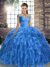  Blue Sleeveless Organza Brush Train Lace Up Quinceanera Dress for Military Ball and Sweet 16 and Quinceanera