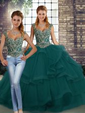  Sleeveless Tulle Floor Length Lace Up Vestidos de Quinceanera in Peacock Green with Beading and Ruffles
