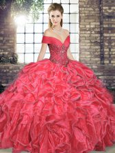  Organza Off The Shoulder Sleeveless Lace Up Beading and Ruffles 15th Birthday Dress in Coral Red