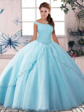 Enchanting Brush Train Ball Gowns 15th Birthday Dress Light Blue Off The Shoulder Tulle Sleeveless Lace Up