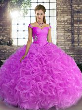 Fantastic Lilac Ball Gowns Off The Shoulder Sleeveless Fabric With Rolling Flowers Floor Length Lace Up Beading Quince Ball Gowns