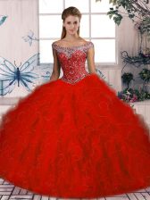 Hot Selling Red Off The Shoulder Lace Up Beading and Ruffles Quinceanera Dress Brush Train Sleeveless