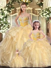  Champagne Organza Lace Up Ball Gown Prom Dress Sleeveless Floor Length Beading and Ruffles