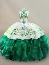  Dark Green Ball Gowns Halter Top Sleeveless Organza Floor Length Lace Up Embroidery 15th Birthday Dress