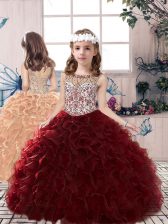 Charming Burgundy Sleeveless Organza Lace Up Child Pageant Dress for Party and Wedding Party