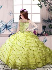 Customized Yellow Green Ball Gowns Organza Straps Sleeveless Beading and Ruffled Layers Zipper Little Girls Pageant Gowns
