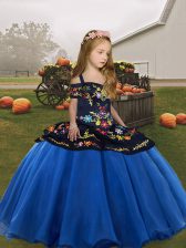  Blue Sleeveless Embroidery Floor Length Kids Pageant Dress