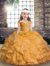 New Style Gold Straps Lace Up Beading and Ruffles Pageant Dress Toddler Sleeveless
