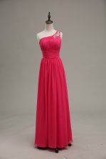 Unique Floor Length Hot Pink Chiffon and Fabric With Rolling Flowers Sleeveless Beading and Ruching