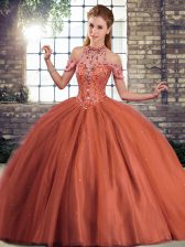 Flirting Rust Red Tulle Lace Up 15th Birthday Dress Sleeveless Brush Train Beading