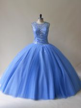  Baby Blue Tulle Lace Up Scoop Sleeveless Floor Length Quinceanera Gown Beading