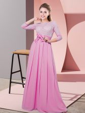 Top Selling Empire Quinceanera Court Dresses Rose Pink Scoop Chiffon 3 4 Length Sleeve Floor Length Side Zipper