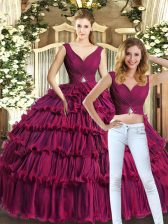 Top Selling Burgundy Sleeveless Organza Backless Quinceanera Gowns for Sweet 16 and Quinceanera