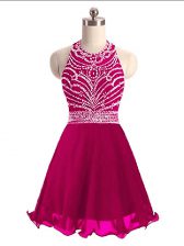  Halter Top Sleeveless Prom Evening Gown Mini Length Beading Hot Pink Chiffon