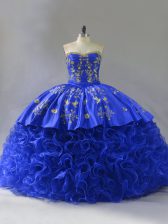  Sweetheart Sleeveless Lace Up Sweet 16 Dress Royal Blue Fabric With Rolling Flowers