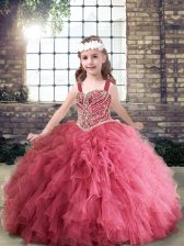 Fashionable Pink Lace Up Straps Beading and Ruffles Pageant Gowns Tulle Sleeveless