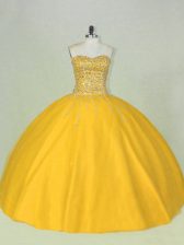 Hot Sale Gold Sleeveless Floor Length Beading Lace Up Sweet 16 Quinceanera Dress