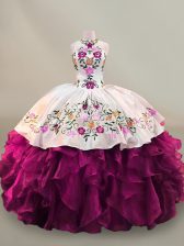  Halter Top Sleeveless Sweet 16 Quinceanera Dress Floor Length Beading and Embroidery Fuchsia Organza