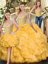 Cheap Gold Ball Gowns Beading and Ruffles 15th Birthday Dress Lace Up Organza Sleeveless Floor Length