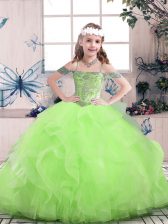  Sleeveless Floor Length Beading and Ruffles Lace Up Little Girls Pageant Dress with 