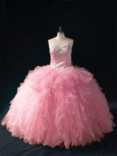 Dynamic Pink Ball Gowns Sweetheart Sleeveless Tulle Floor Length Lace Up Beading and Ruffles Quinceanera Dresses
