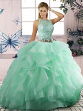 On Sale Apple Green Sleeveless Floor Length Beading and Ruffles Lace Up Quinceanera Gowns