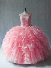Top Selling Pink Sleeveless Organza Lace Up Quinceanera Dress for Sweet 16 and Quinceanera