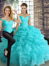 Sweet Sleeveless Floor Length Beading and Ruffles and Pick Ups Lace Up Sweet 16 Dresses with Aqua Blue