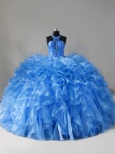 Best Blue Sleeveless Beading and Ruffles Zipper Quinceanera Dresses