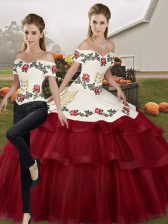  Wine Red Tulle Lace Up Off The Shoulder Sleeveless Sweet 16 Dress Brush Train Embroidery and Ruffled Layers