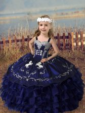 Most Popular Floor Length Lace Up Kids Formal Wear Purple for Wedding Party with Embroidery and Ruffled Layers