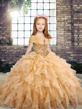 Exquisite Sleeveless Tulle Floor Length Lace Up Kids Pageant Dress in Peach with Beading and Ruffles