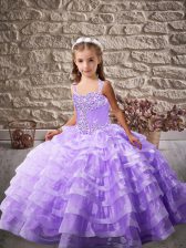  Sleeveless Brush Train Lace Up Beading and Ruffled Layers Pageant Gowns For Girls