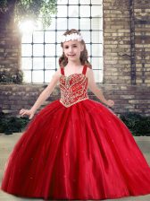  Red Ball Gowns Straps Sleeveless Tulle Floor Length Lace Up Beading Little Girls Pageant Gowns