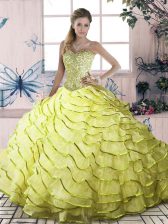 Sumptuous Yellow Green Sleeveless Beading and Ruffled Layers Lace Up Quince Ball Gowns