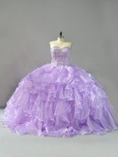 Top Selling Lavender Sleeveless Beading and Ruffles Lace Up Sweet 16 Dress