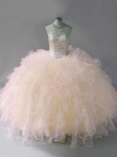 Traditional Pink Ball Gowns Beading and Ruffles Sweet 16 Quinceanera Dress Lace Up Tulle Sleeveless Floor Length