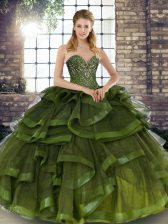 Comfortable Olive Green Sleeveless Floor Length Beading and Ruffles Lace Up Quinceanera Gown