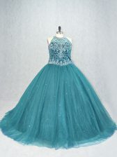  Teal Scoop Neckline Beading Quince Ball Gowns Sleeveless Lace Up