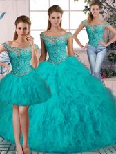 Simple Off The Shoulder Sleeveless Tulle Quinceanera Dress Beading and Ruffles Brush Train Lace Up
