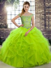  Lace Up Off The Shoulder Beading and Ruffles Quince Ball Gowns Tulle Sleeveless Brush Train