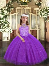 Exquisite Purple Ball Gowns Halter Top Sleeveless Tulle Floor Length Lace Up Beading Little Girls Pageant Dress Wholesale