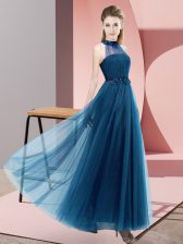 Fashionable Blue Lace Up Dama Dress Beading and Appliques Sleeveless Floor Length