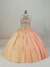 Attractive Peach Quinceanera Dress Halter Top Sleeveless Brush Train Lace Up