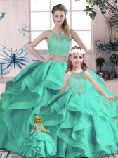  Floor Length Turquoise 15 Quinceanera Dress Scoop Sleeveless Lace Up