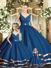  Navy Blue Tulle Backless V-neck Sleeveless Floor Length Sweet 16 Quinceanera Dress Beading and Ruffled Layers