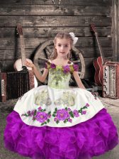  Floor Length Purple Kids Pageant Dress Off The Shoulder Sleeveless Lace Up