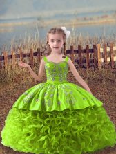 Elegant Yellow Green Sleeveless Sweep Train Embroidery Winning Pageant Gowns